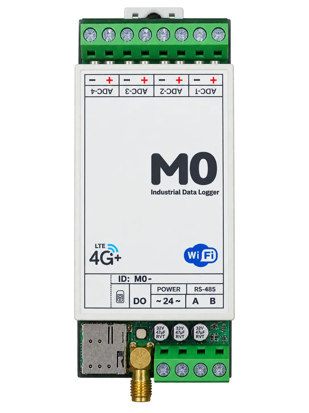 M0 4G front face with ADC, DO, power and RS-485 labelling