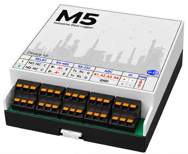 M5 industrial data logger, three-quarter view