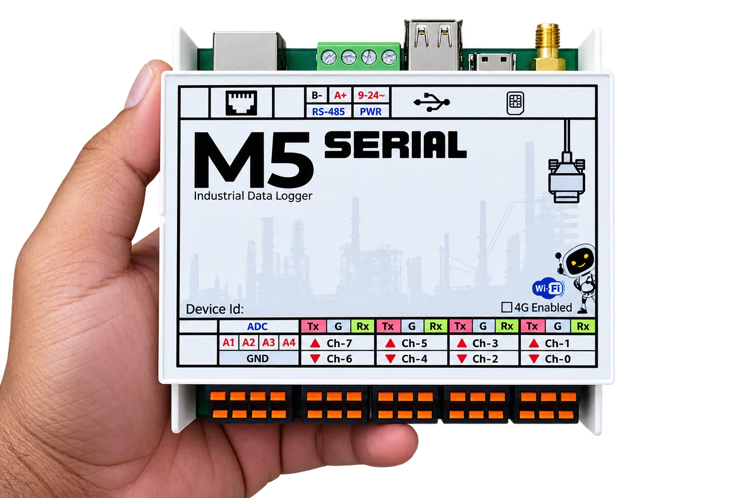 M5 Serial industrial data logger held in hand
